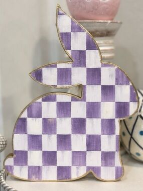 Hand Crafted Violet Check Large Chunky Wood Bunny Rabbit 9.6”
